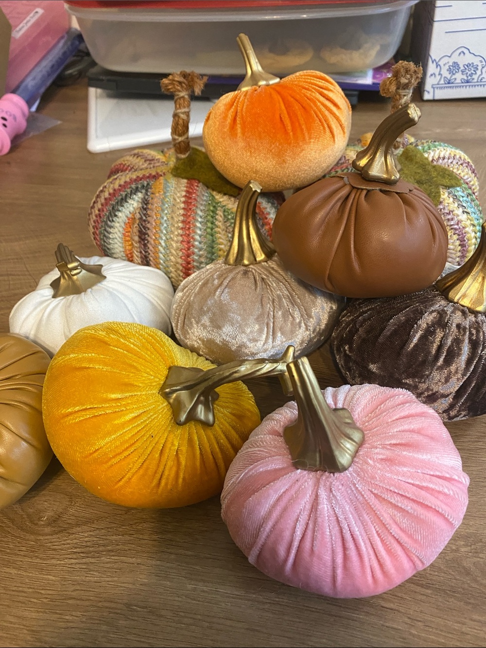 Kirklands Velvet Decorative Pumpkins in Pink, Yellow, Orange, Brown, White